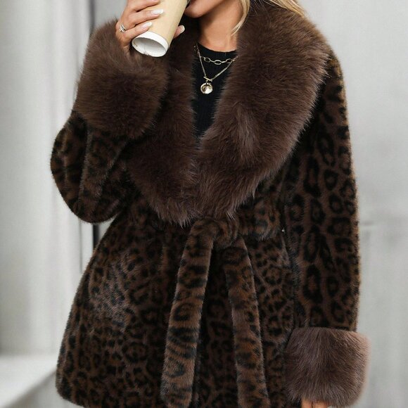 Coffee Brown Chic Women's Leopard Print Lapel Long Sleeve Faux Fur Jacket coat - Picture 2 of 9